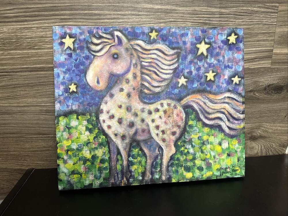 Vtg Original Whimsical Folk Art Pony Painting Celestial Star 17 3/4 X 14” 1993